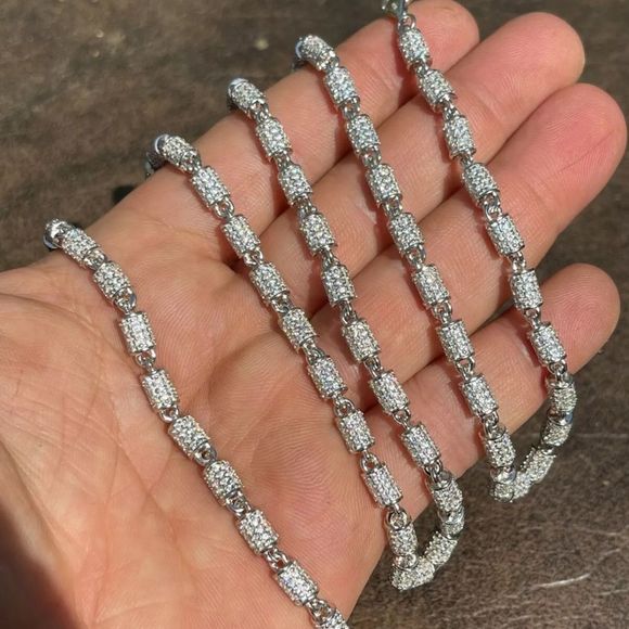 Barrel Chain Solid 925 Silver Iced Flooded Out Hip Hop Necklace